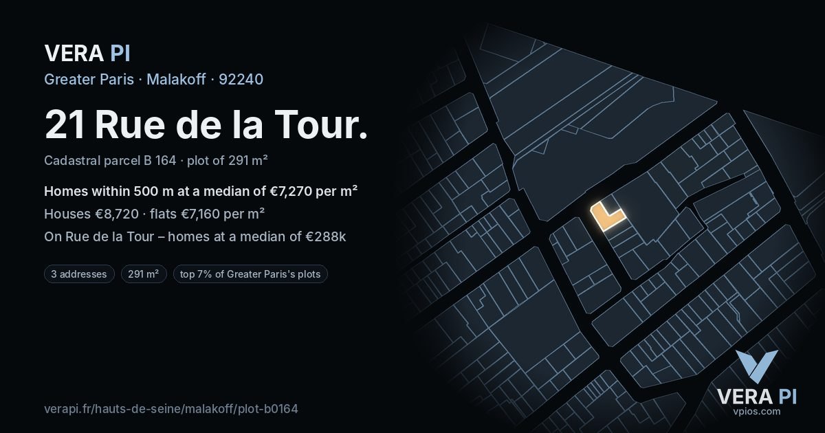 21 Rue de la Tour, Malakoff at night – the plot lit, the parcels around coloured by the prices near them