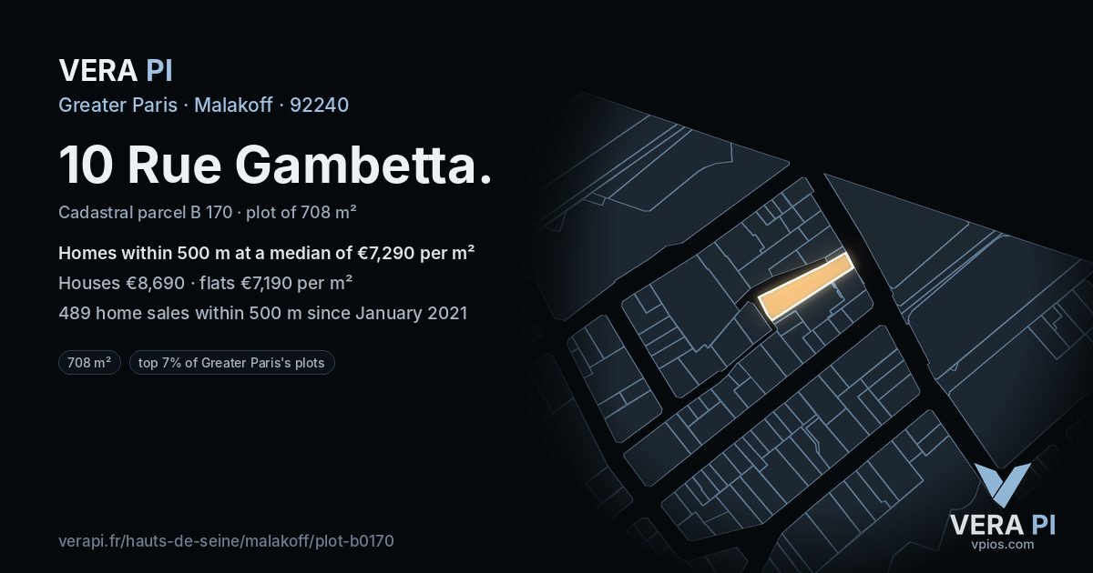 10 Rue Gambetta, Malakoff at night – the plot lit, the parcels around coloured by the prices near them