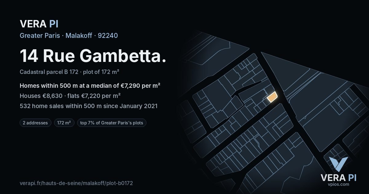14 Rue Gambetta, Malakoff at night – the plot lit, the parcels around coloured by the prices near them