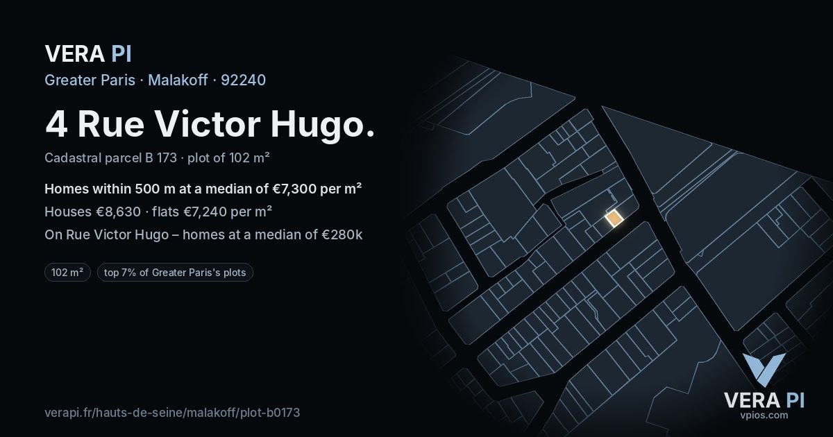 4 Rue Victor Hugo, Malakoff at night – the plot lit, the parcels around coloured by the prices near them