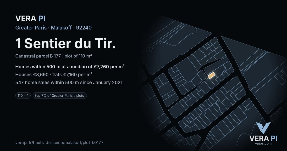1 Sentier du Tir, Malakoff at night – the plot lit, the parcels around coloured by the prices near them