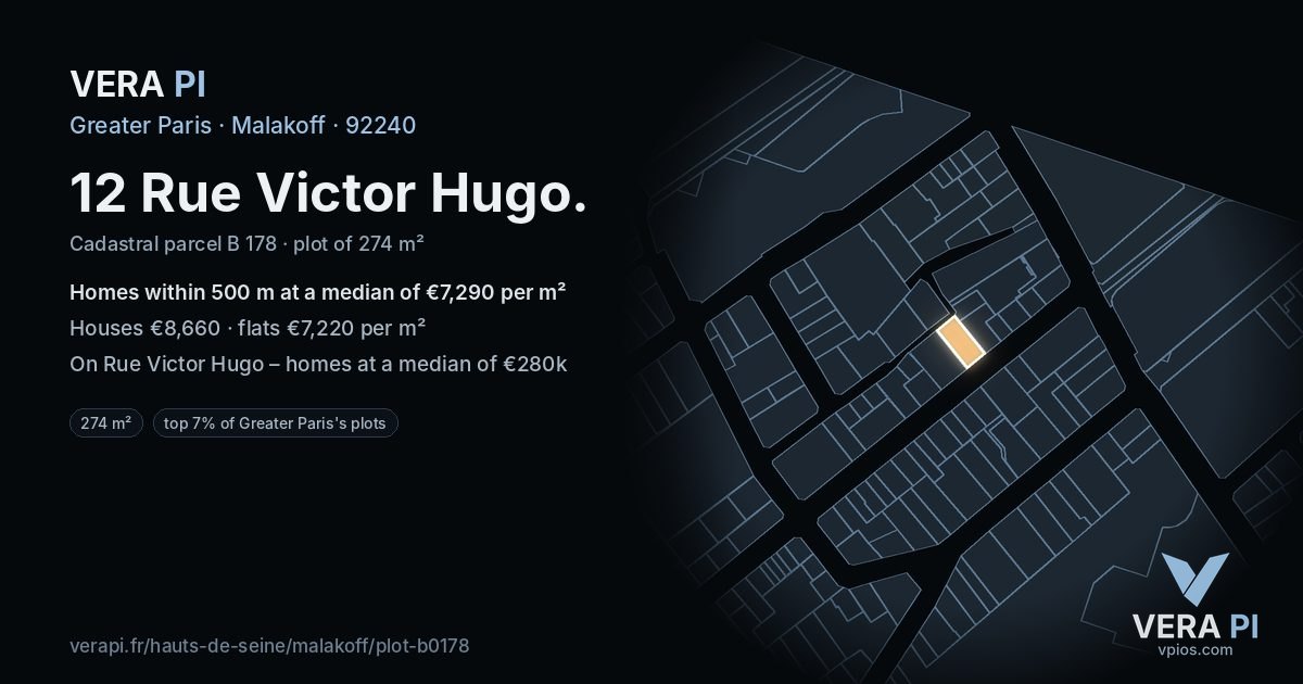 12 Rue Victor Hugo, Malakoff at night – the plot lit, the parcels around coloured by the prices near them