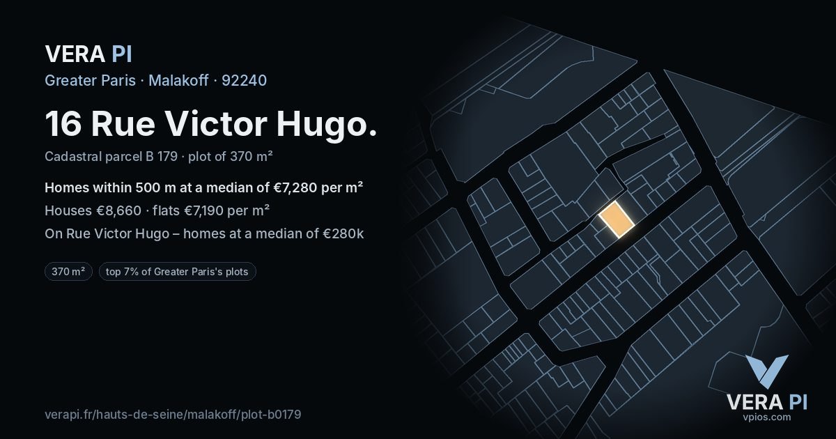 16 Rue Victor Hugo, Malakoff at night – the plot lit, the parcels around coloured by the prices near them