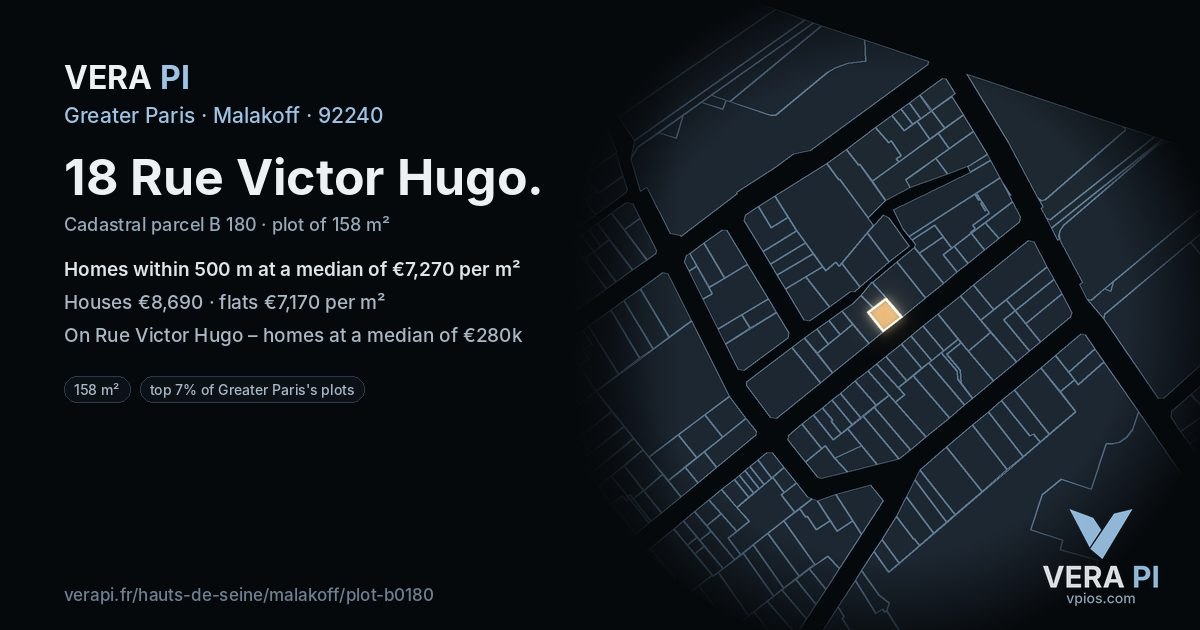 18 Rue Victor Hugo, Malakoff at night – the plot lit, the parcels around coloured by the prices near them