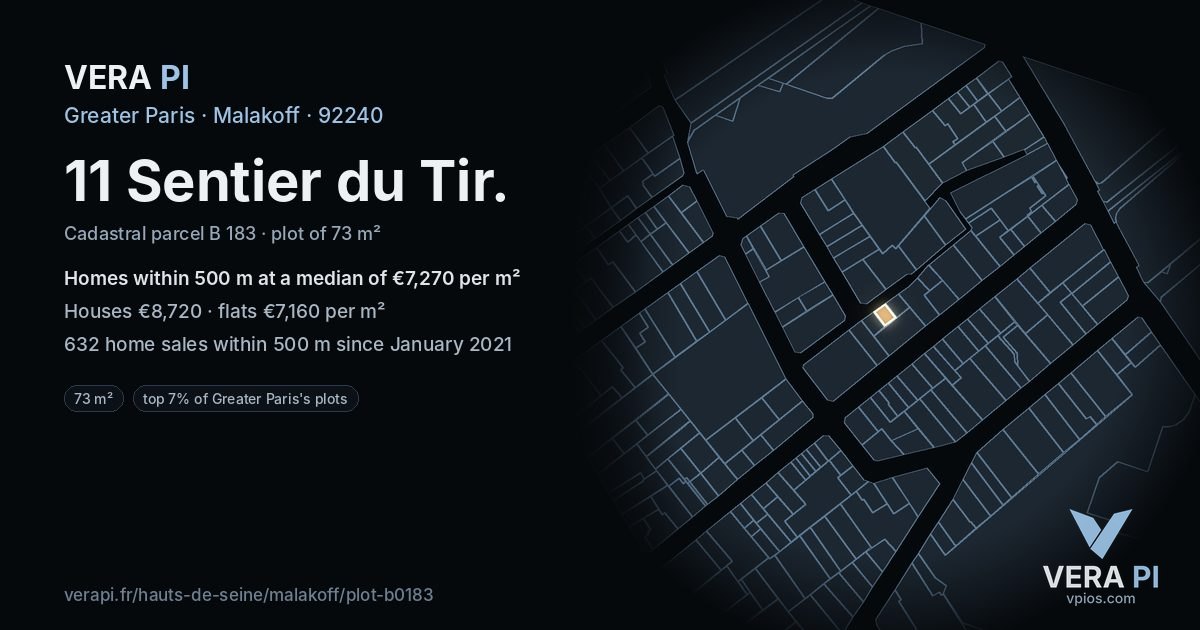 11 Sentier du Tir, Malakoff at night – the plot lit, the parcels around coloured by the prices near them