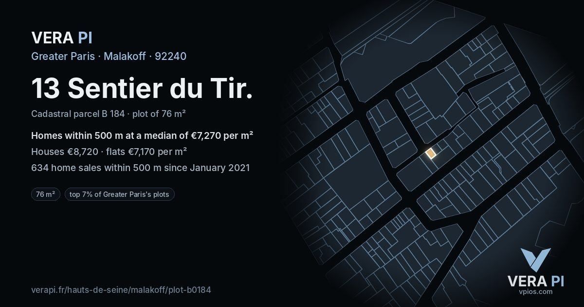 13 Sentier du Tir, Malakoff at night – the plot lit, the parcels around coloured by the prices near them