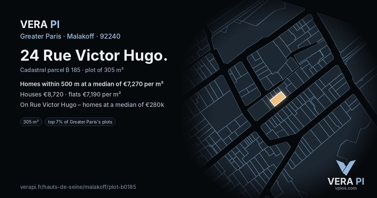 24 Rue Victor Hugo, Malakoff at night – the plot lit, the parcels around coloured by the prices near them