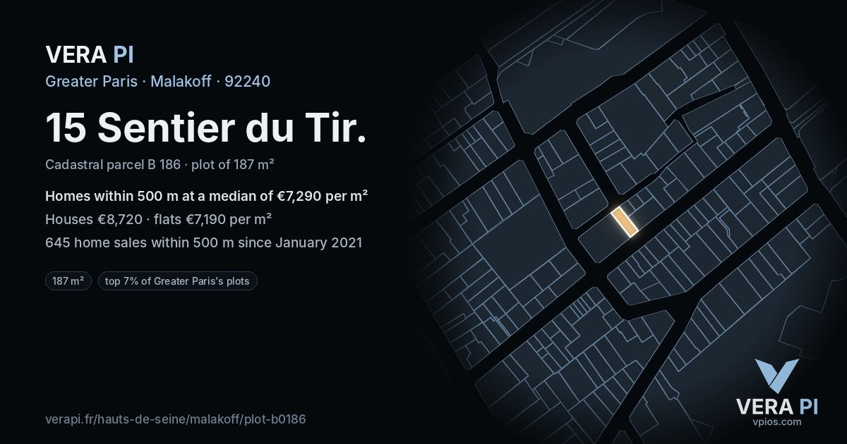 15 Sentier du Tir, Malakoff at night – the plot lit, the parcels around coloured by the prices near them