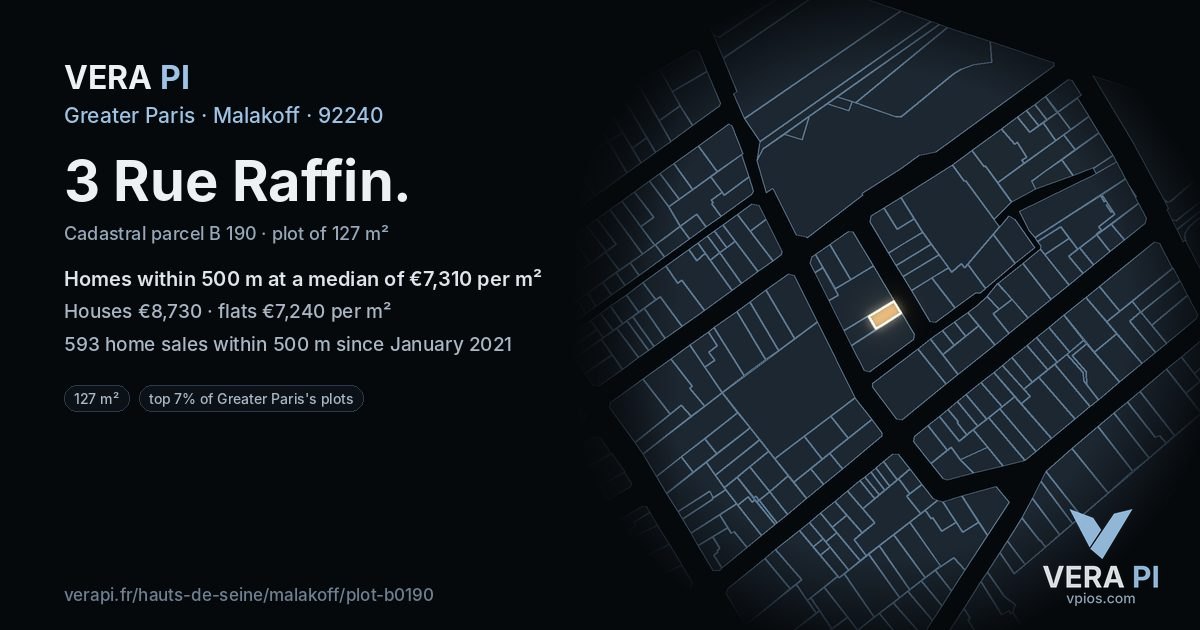 3 Rue Raffin, Malakoff at night – the plot lit, the parcels around coloured by the prices near them