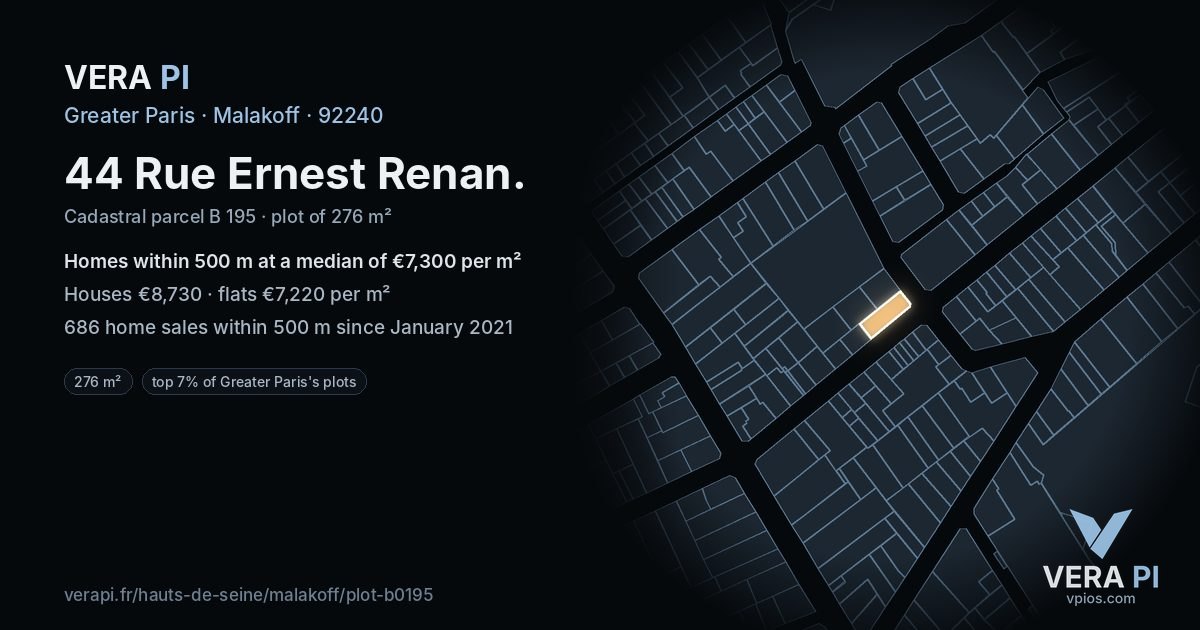 44 Rue Ernest Renan, Malakoff at night – the plot lit, the parcels around coloured by the prices near them