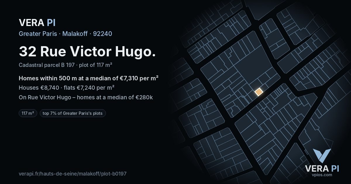 32 Rue Victor Hugo, Malakoff at night – the plot lit, the parcels around coloured by the prices near them