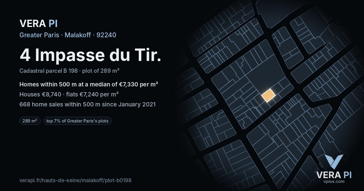 4 Impasse du Tir, Malakoff at night – the plot lit, the parcels around coloured by the prices near them