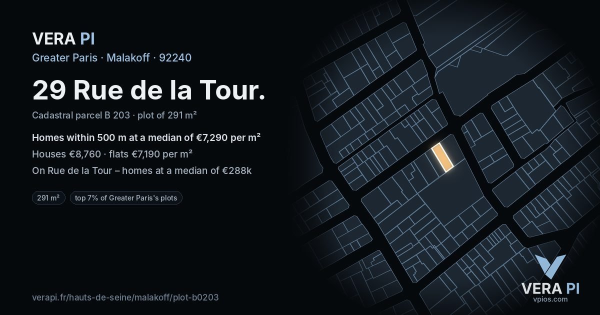 29 Rue de la Tour, Malakoff at night – the plot lit, the parcels around coloured by the prices near them