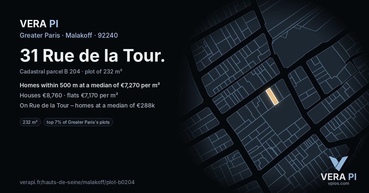 31 Rue de la Tour, Malakoff at night – the plot lit, the parcels around coloured by the prices near them