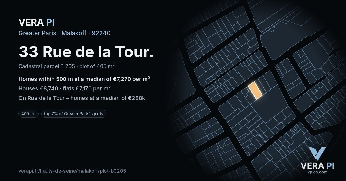33 Rue de la Tour, Malakoff at night – the plot lit, the parcels around coloured by the prices near them