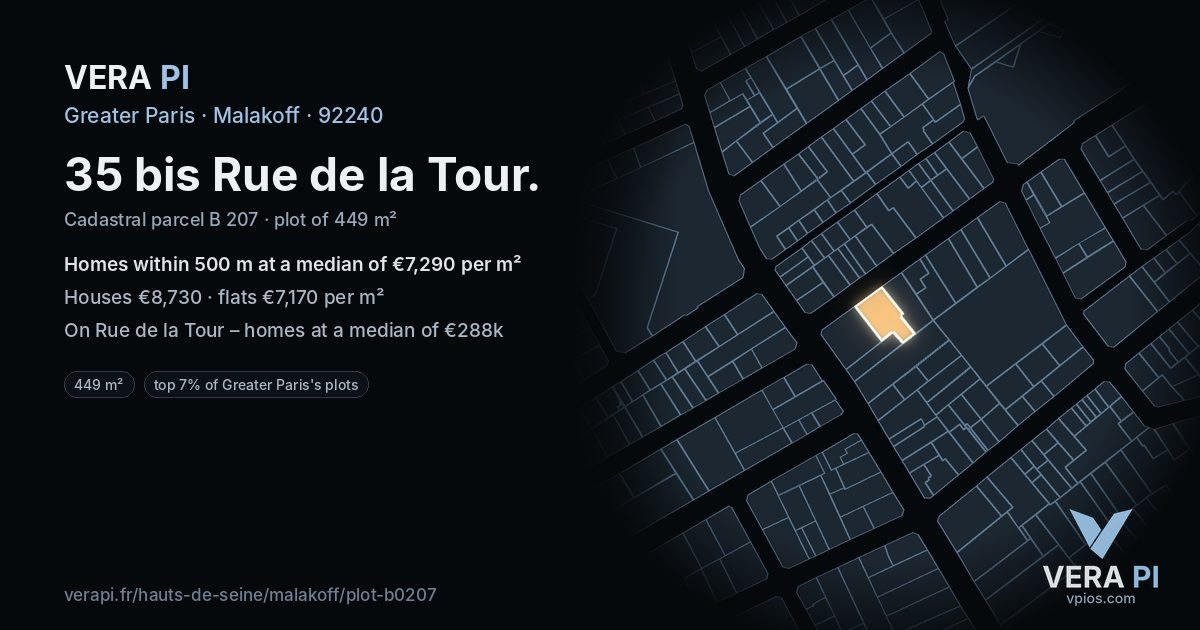 35 bis Rue de la Tour, Malakoff at night – the plot lit, the parcels around coloured by the prices near them