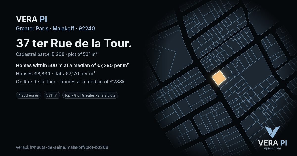 37 ter Rue de la Tour, Malakoff at night – the plot lit, the parcels around coloured by the prices near them