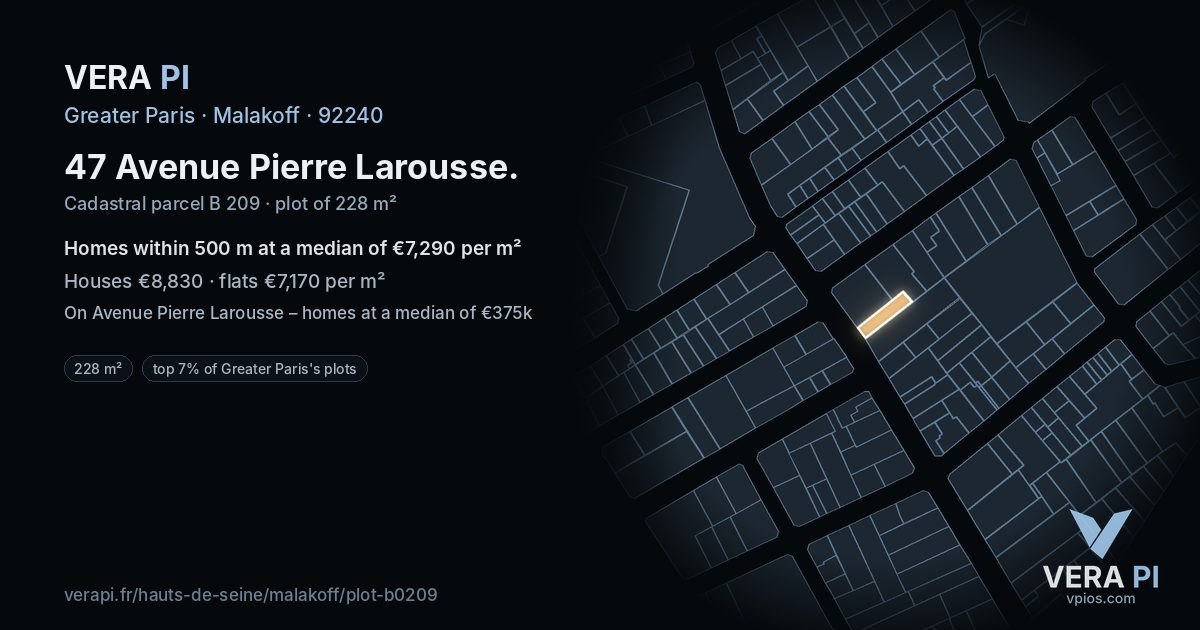 47 Avenue Pierre Larousse, Malakoff at night – the plot lit, the parcels around coloured by the prices near them