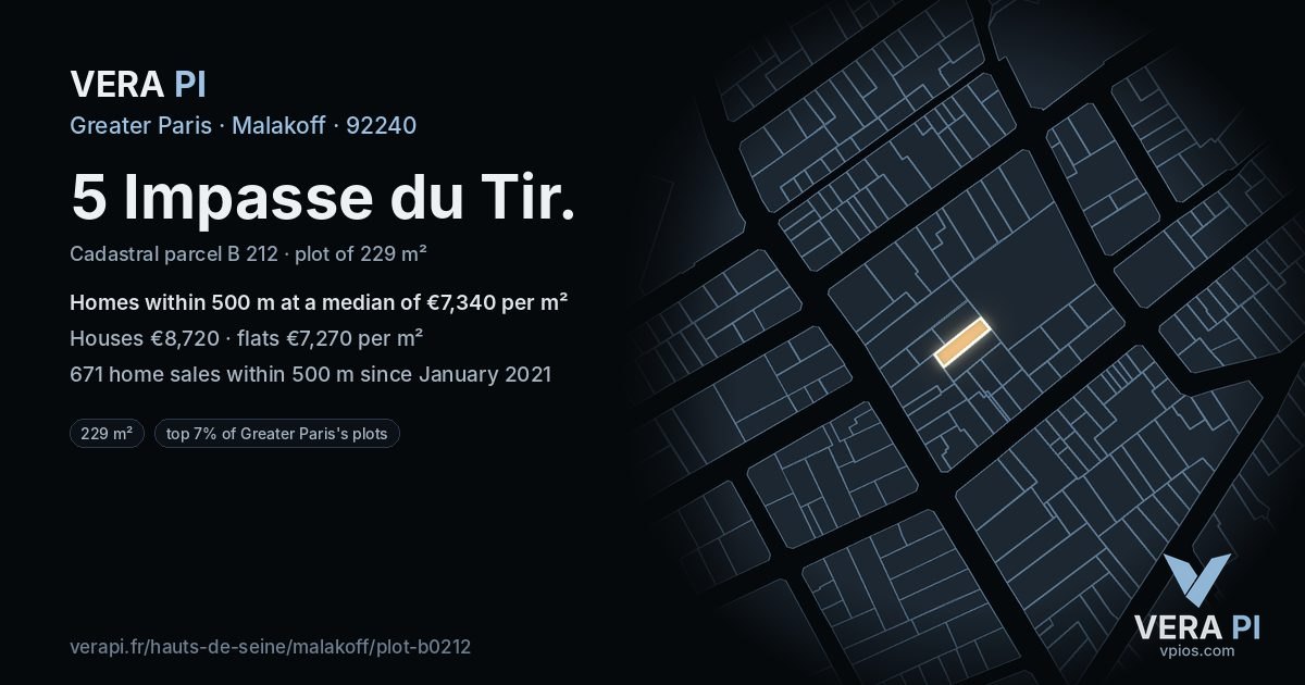 5 Impasse du Tir, Malakoff at night – the plot lit, the parcels around coloured by the prices near them