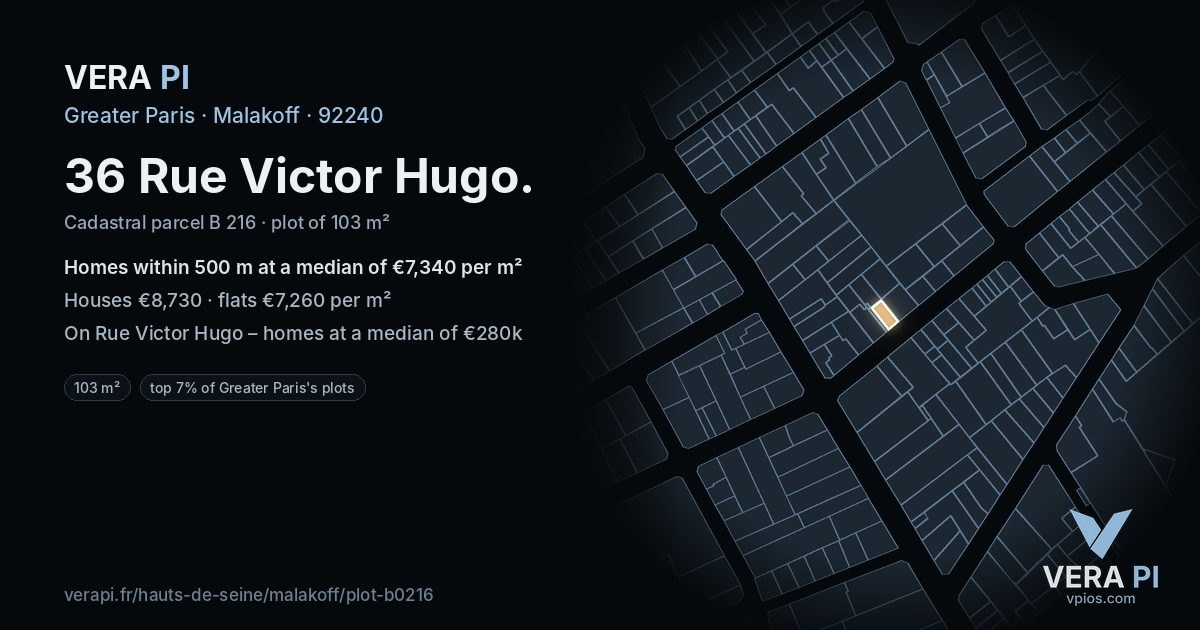 36 Rue Victor Hugo, Malakoff at night – the plot lit, the parcels around coloured by the prices near them