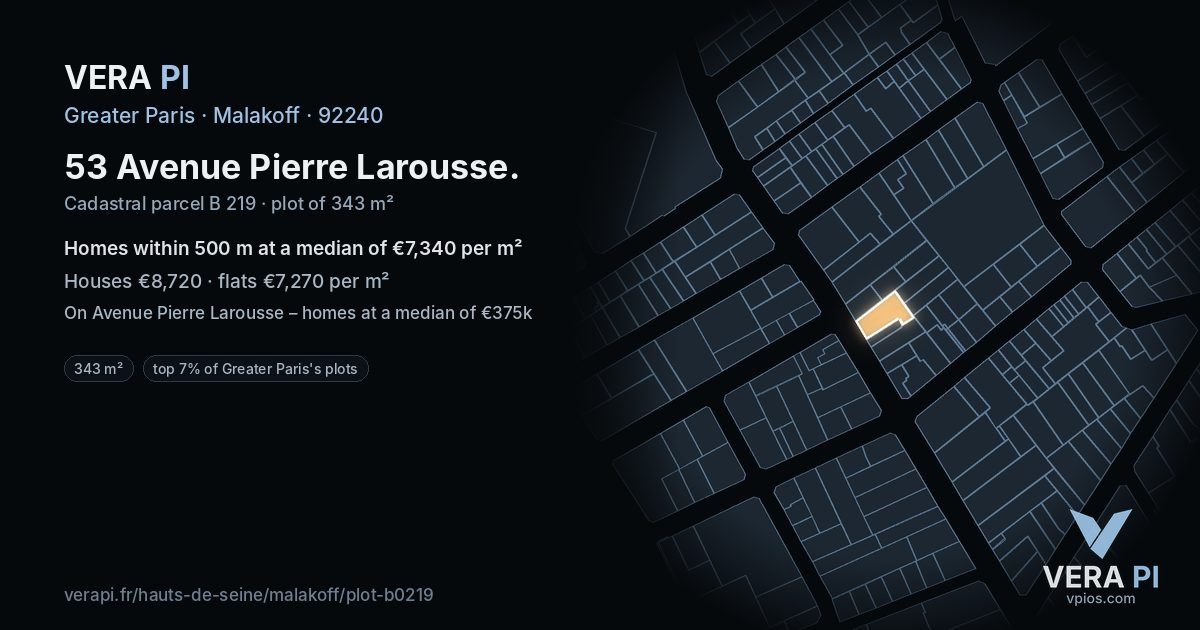 53 Avenue Pierre Larousse, Malakoff at night – the plot lit, the parcels around coloured by the prices near them