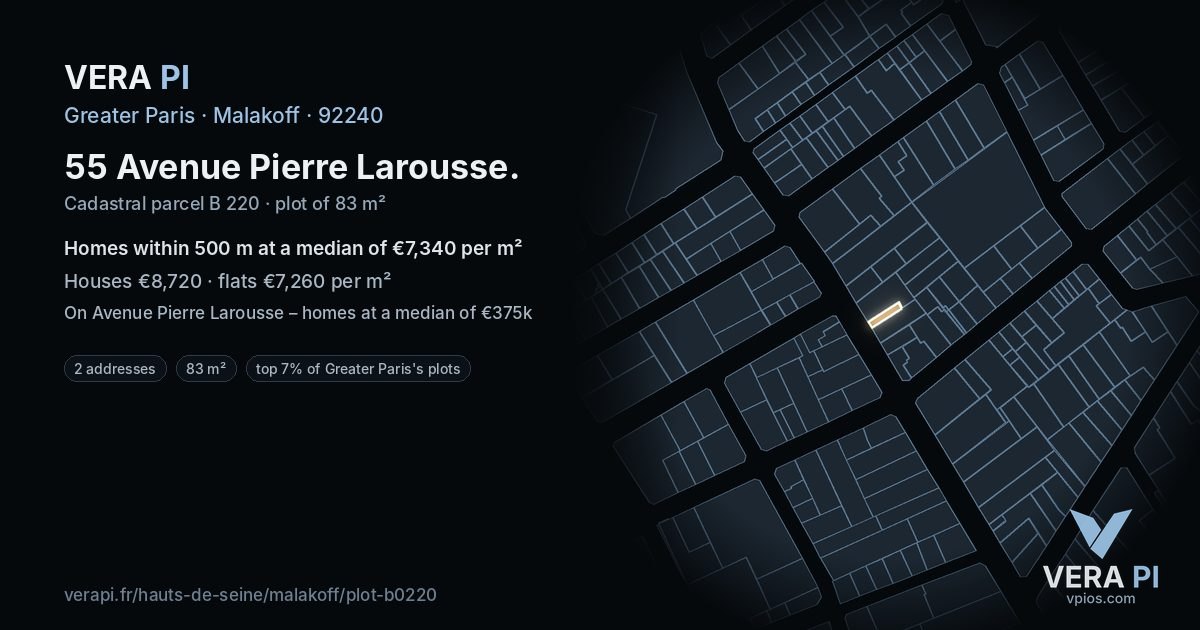 55 Avenue Pierre Larousse, Malakoff at night – the plot lit, the parcels around coloured by the prices near them
