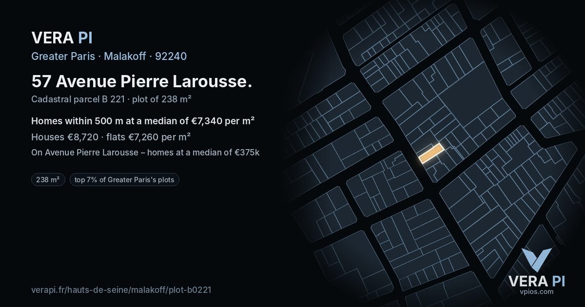 57 Avenue Pierre Larousse, Malakoff at night – the plot lit, the parcels around coloured by the prices near them
