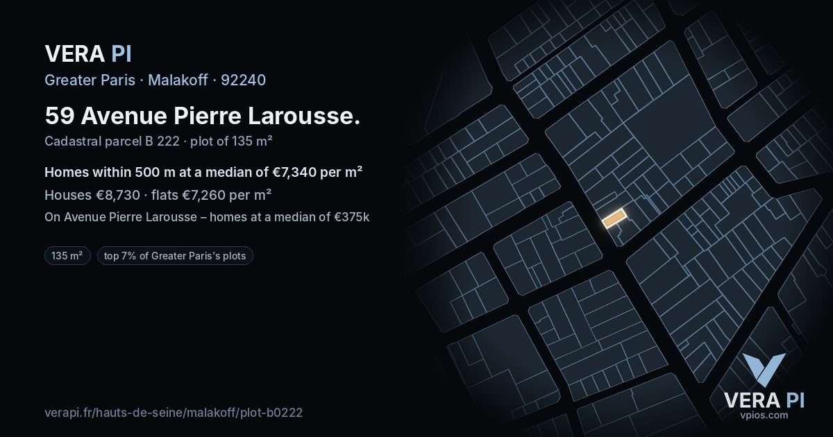 59 Avenue Pierre Larousse, Malakoff at night – the plot lit, the parcels around coloured by the prices near them