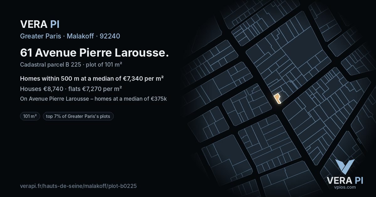 61 Avenue Pierre Larousse, Malakoff at night – the plot lit, the parcels around coloured by the prices near them