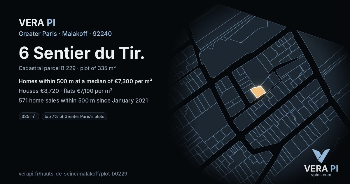 6 Sentier du Tir, Malakoff at night – the plot lit, the parcels around coloured by the prices near them