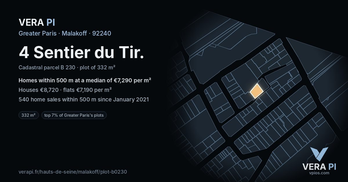 4 Sentier du Tir, Malakoff at night – the plot lit, the parcels around coloured by the prices near them