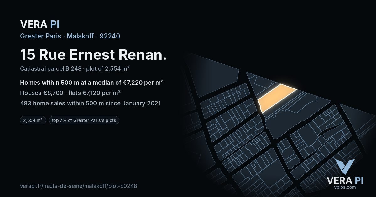 15 Rue Ernest Renan, Malakoff at night – the plot lit, the parcels around coloured by the prices near them