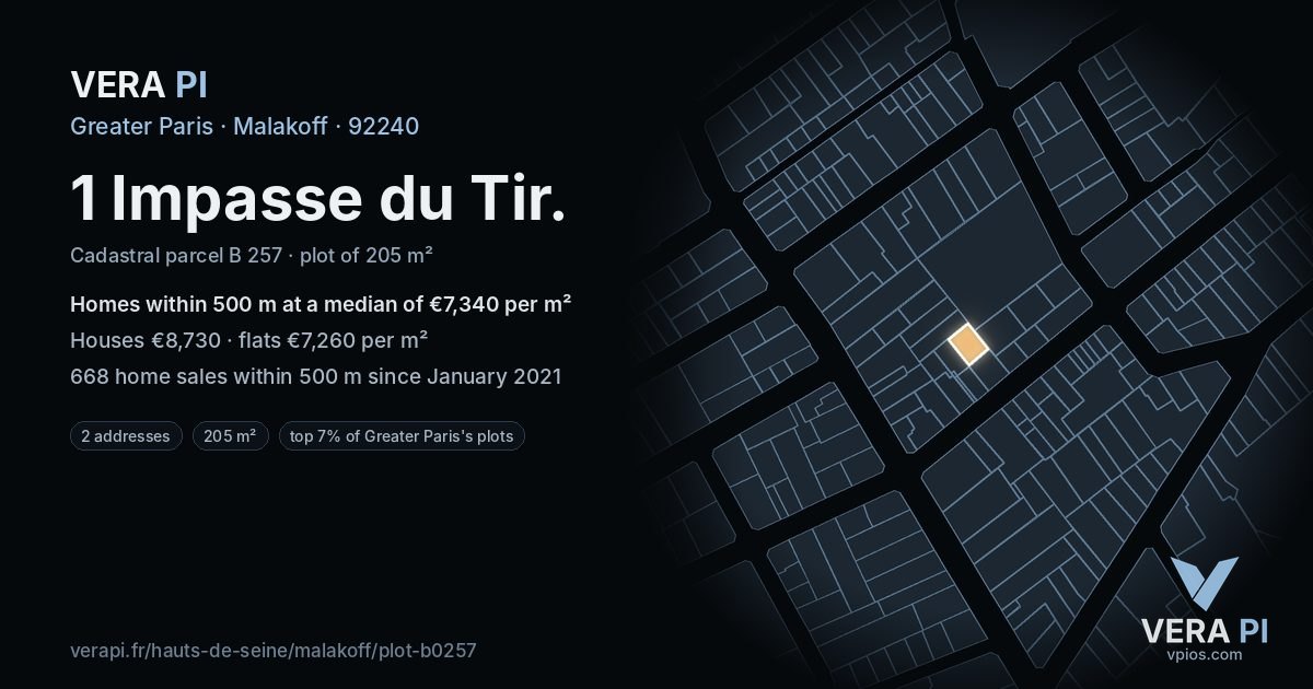 1 Impasse du Tir, Malakoff at night – the plot lit, the parcels around coloured by the prices near them