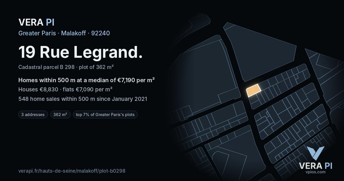 19 Rue Legrand, Malakoff at night – the plot lit, the parcels around coloured by the prices near them