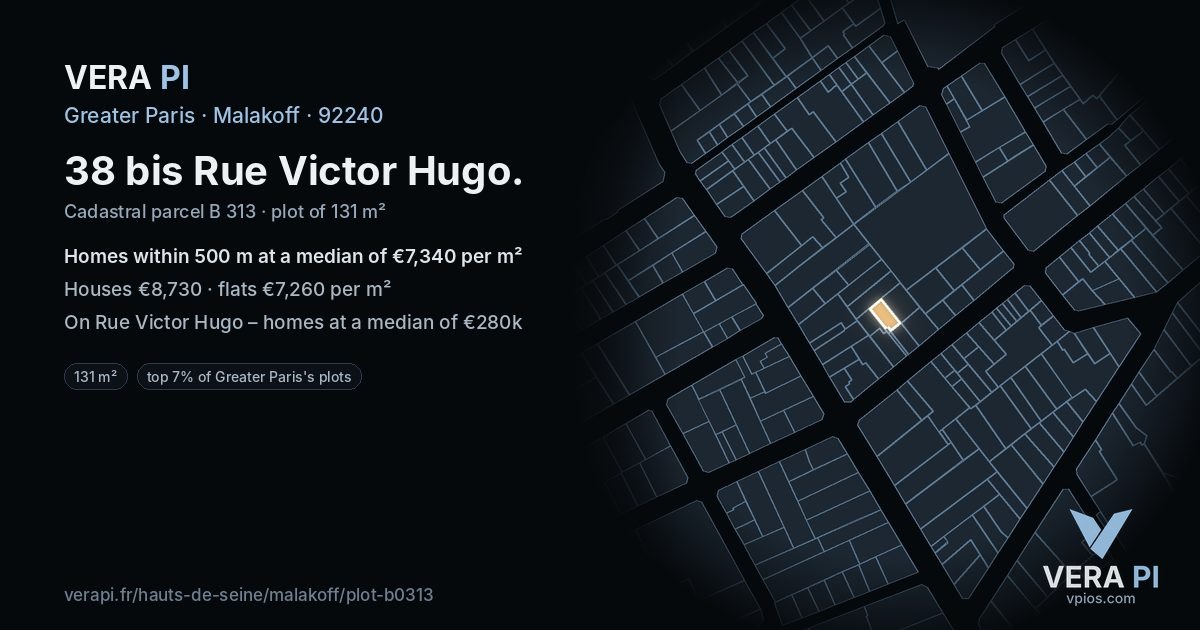 38 bis Rue Victor Hugo, Malakoff at night – the plot lit, the parcels around coloured by the prices near them