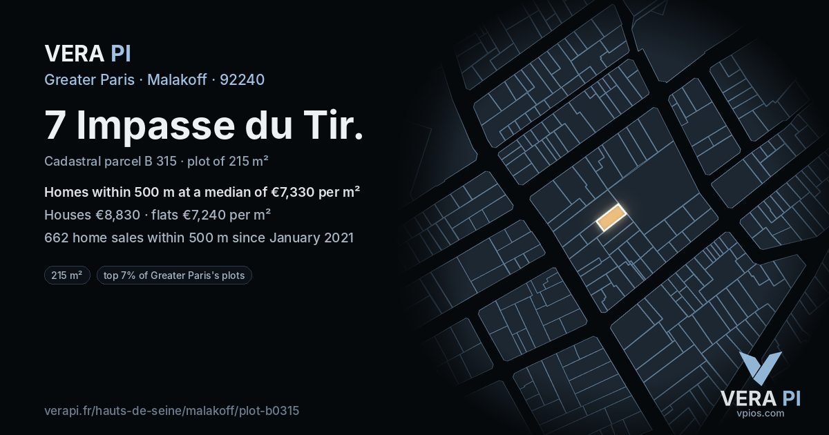 7 Impasse du Tir, Malakoff at night – the plot lit, the parcels around coloured by the prices near them