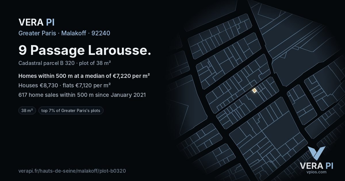 9 Passage Larousse, Malakoff at night – the plot lit, the parcels around coloured by the prices near them