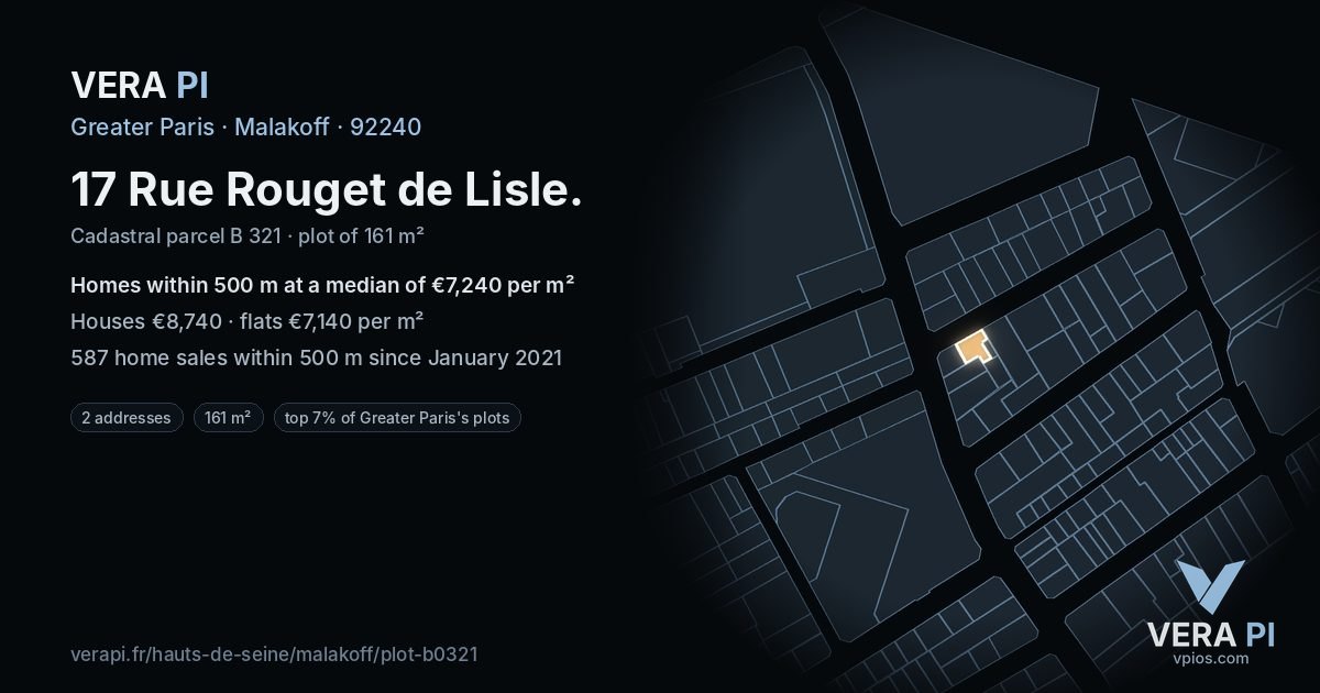 17 Rue Rouget de Lisle, Malakoff at night – the plot lit, the parcels around coloured by the prices near them