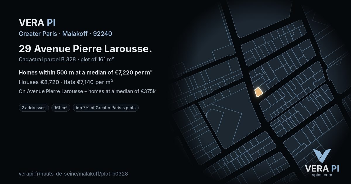 29 Avenue Pierre Larousse, Malakoff at night – the plot lit, the parcels around coloured by the prices near them