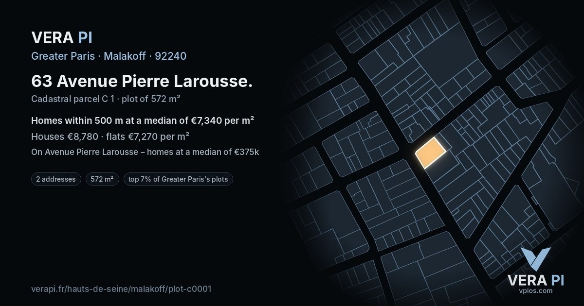 63 Avenue Pierre Larousse, Malakoff at night – the plot lit, the parcels around coloured by the prices near them