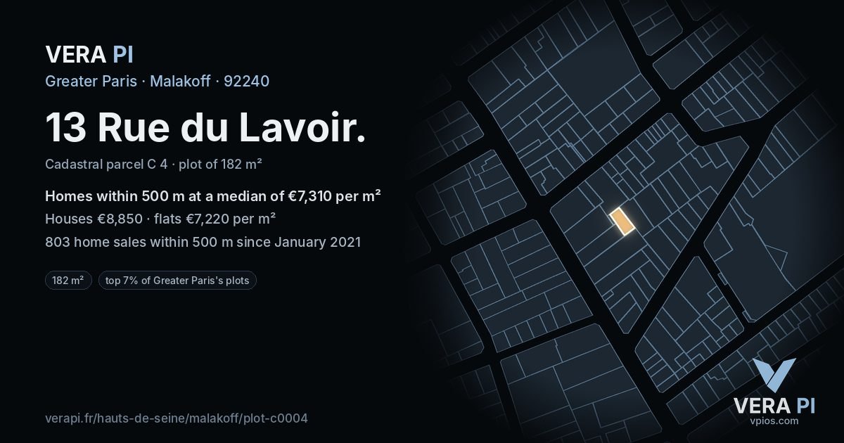13 Rue du Lavoir, Malakoff at night – the plot lit, the parcels around coloured by the prices near them