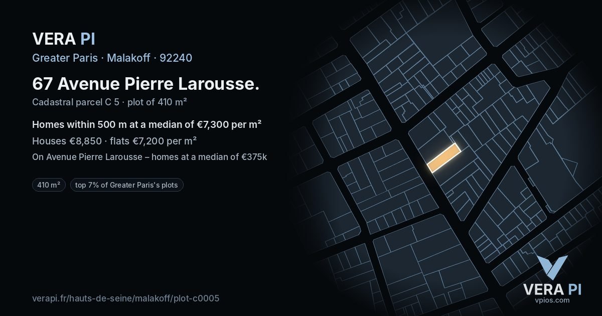67 Avenue Pierre Larousse, Malakoff at night – the plot lit, the parcels around coloured by the prices near them