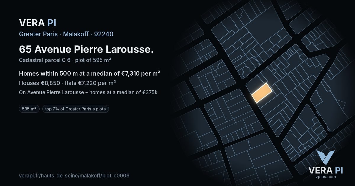 65 Avenue Pierre Larousse, Malakoff at night – the plot lit, the parcels around coloured by the prices near them