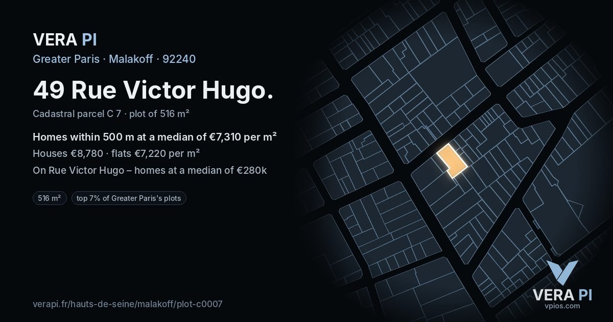 49 Rue Victor Hugo, Malakoff at night – the plot lit, the parcels around coloured by the prices near them