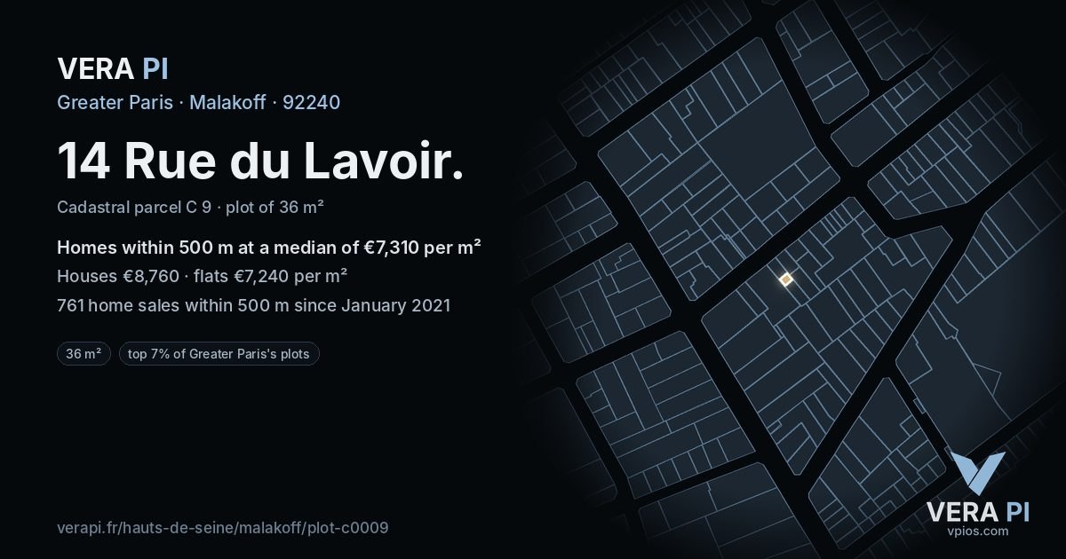 14 Rue du Lavoir, Malakoff at night – the plot lit, the parcels around coloured by the prices near them