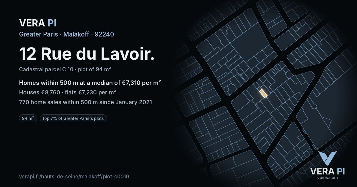 12 Rue du Lavoir, Malakoff at night – the plot lit, the parcels around coloured by the prices near them