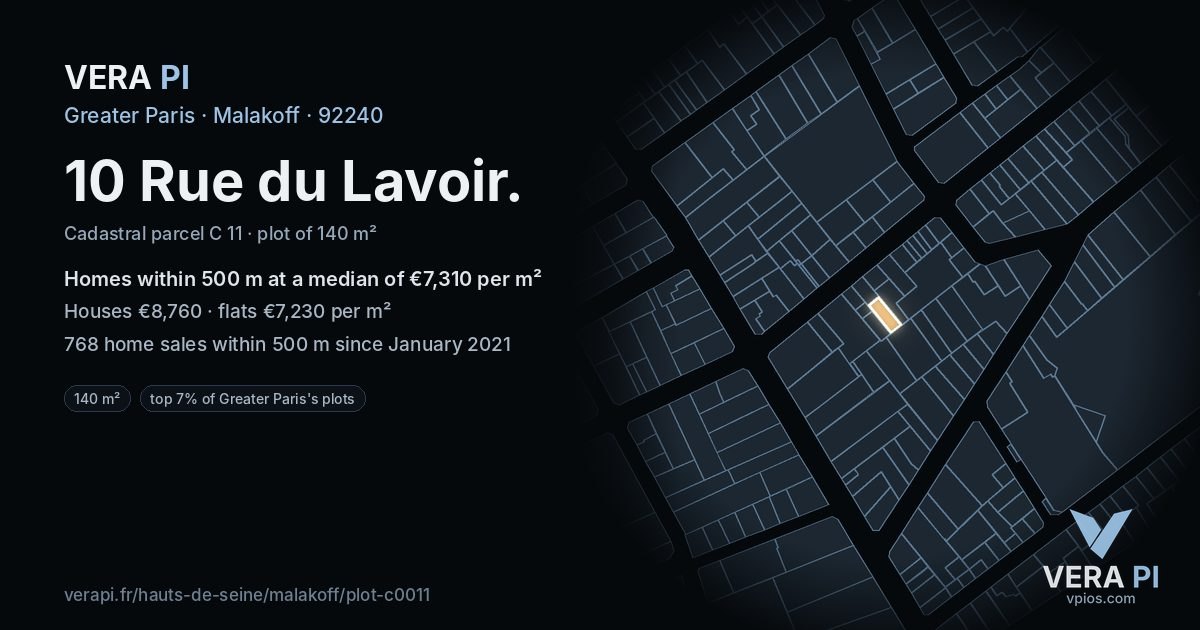 10 Rue du Lavoir, Malakoff at night – the plot lit, the parcels around coloured by the prices near them