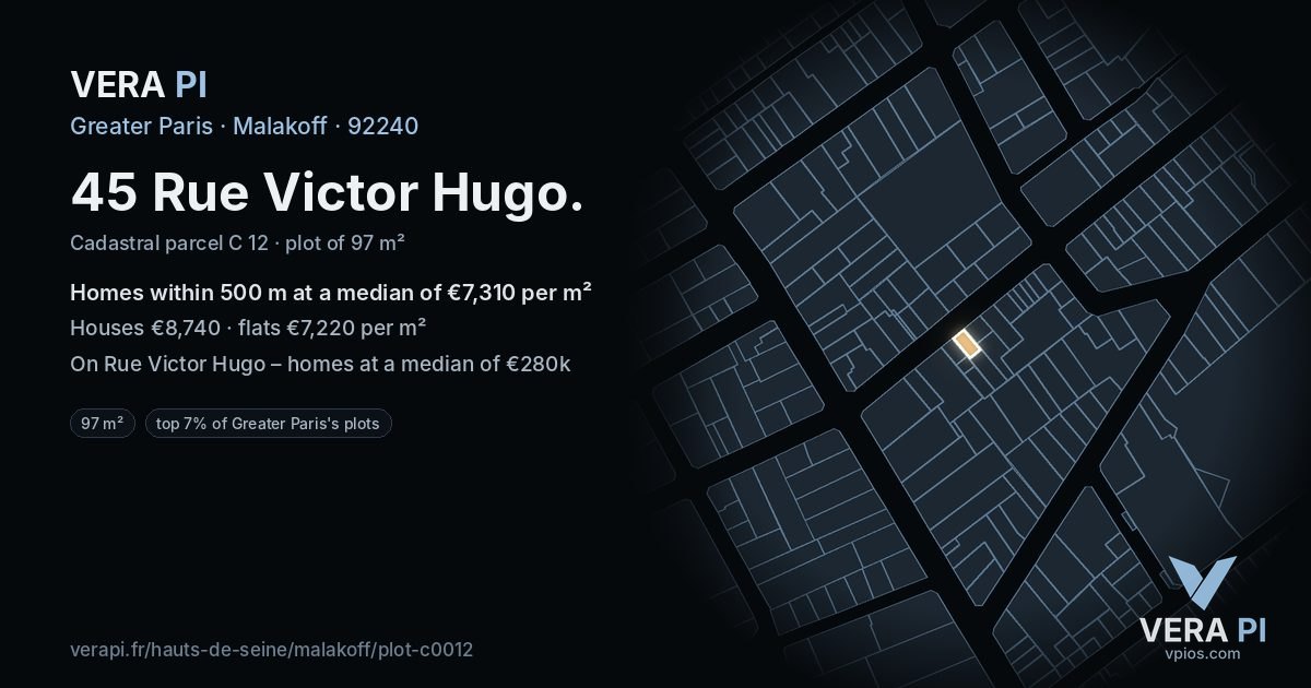 45 Rue Victor Hugo, Malakoff at night – the plot lit, the parcels around coloured by the prices near them