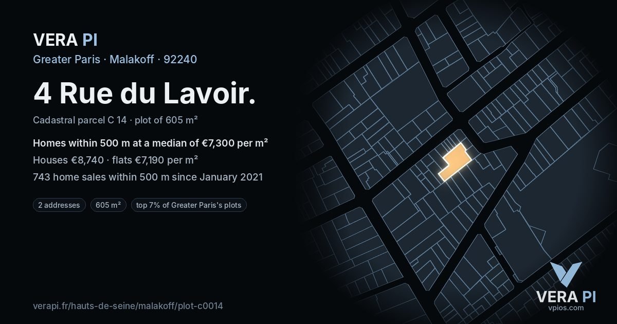 4 Rue du Lavoir, Malakoff at night – the plot lit, the parcels around coloured by the prices near them