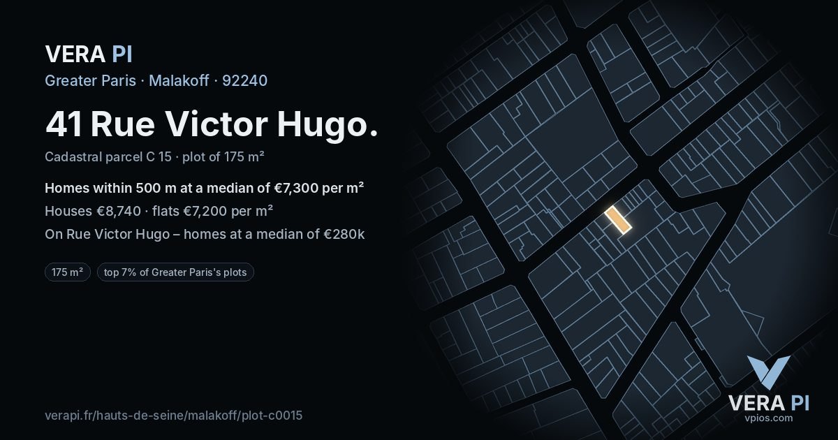 41 Rue Victor Hugo, Malakoff at night – the plot lit, the parcels around coloured by the prices near them